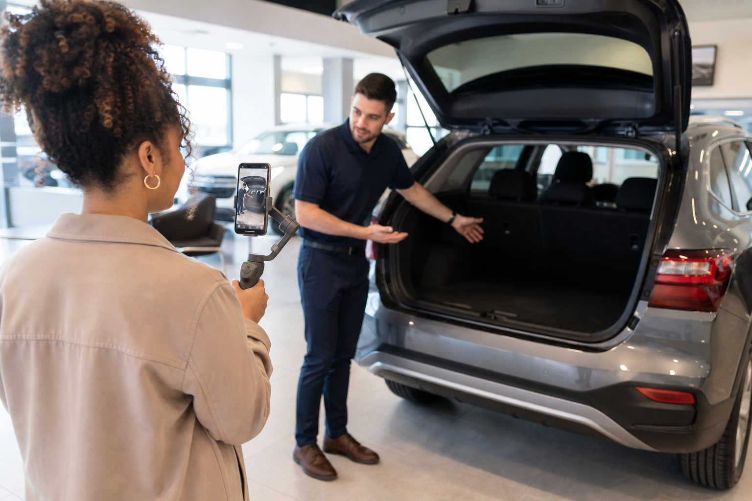 Dealership staff filming a vertical short-form vehicle walkaround video