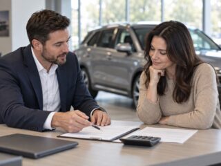 Car buyers comparing pricing paperwork with an adviser