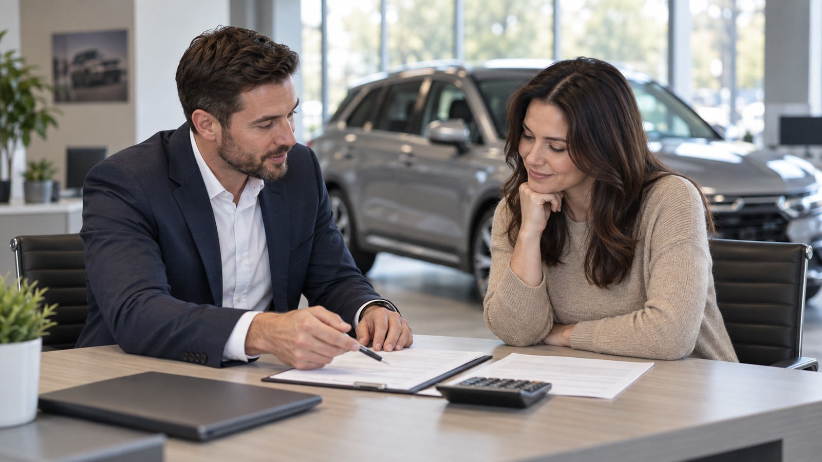 Car buyers comparing pricing paperwork with an adviser