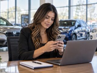 Dealership social media manager using a smartphone beside an open laptop.