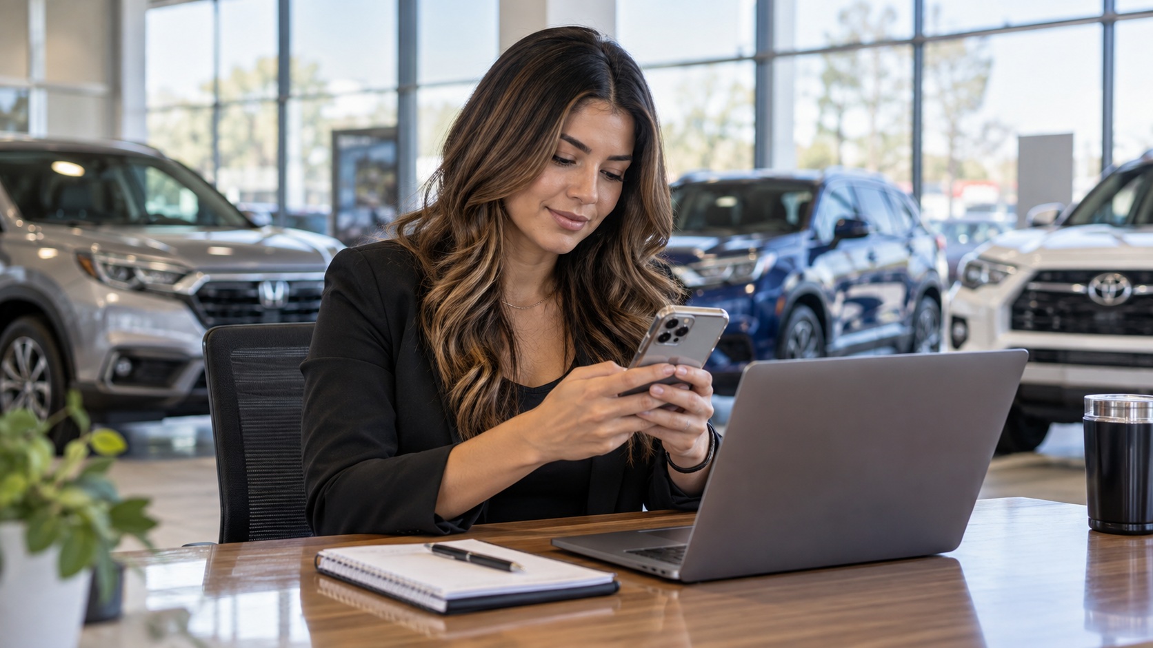 Dealership social media manager using a smartphone beside an open laptop.