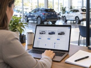 Marketer reviewing dealership website offers on a laptop beside a checklist.