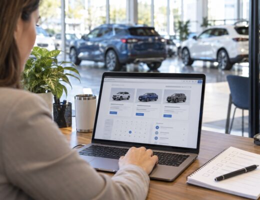 Marketer reviewing dealership website offers on a laptop beside a checklist.