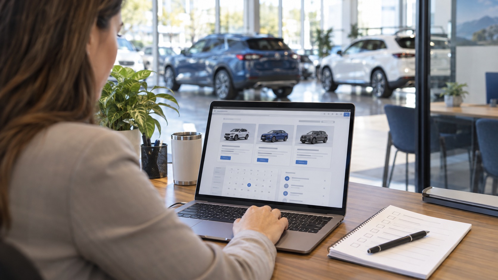 Marketer reviewing dealership website offers on a laptop beside a checklist.